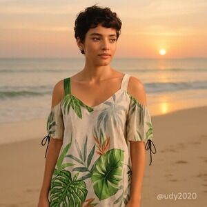 Pistachio Tropical Cold-Shoulder Dress with Monstera Leaf Print Beach‎ Resort M